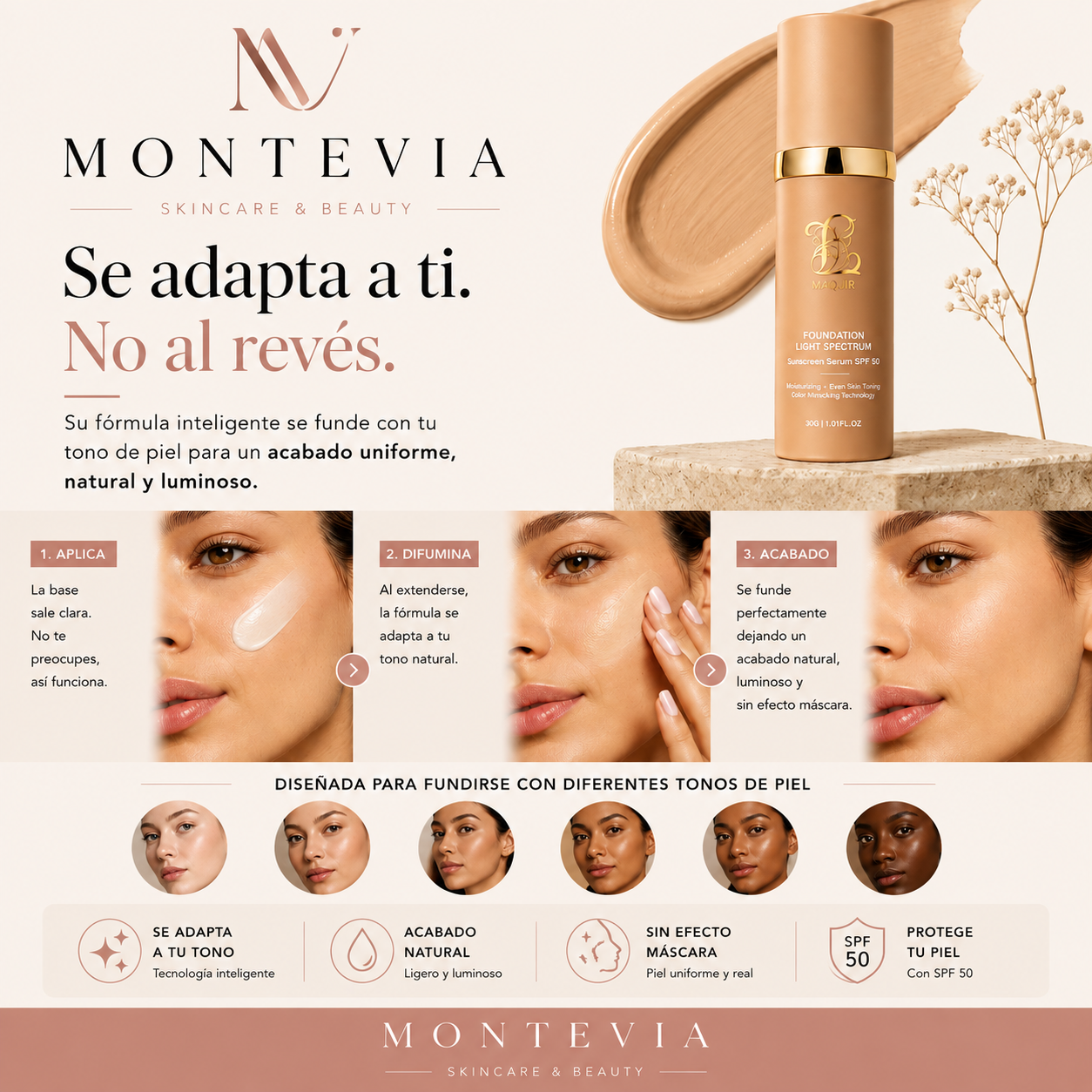 Base de Maquillaje con SPF 50 – Acabado Natural y Tono Adaptable